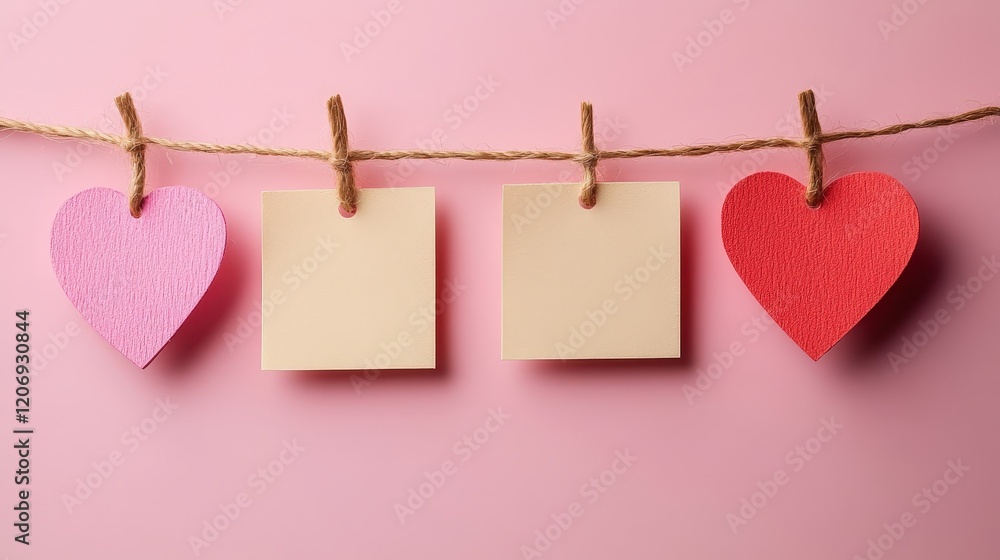 Poster colorful hearts and blank notes hanging on string against a pink background for creative display or 