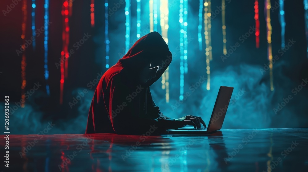 Poster mysterious hacker in dark hooded cloak with colorful lights and laptop
