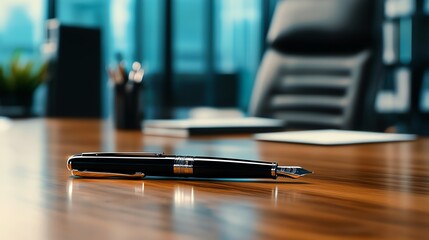 A sleek fountain pen rests on a polished wooden desk, symbolizing professionalism and creativity in the workspace.