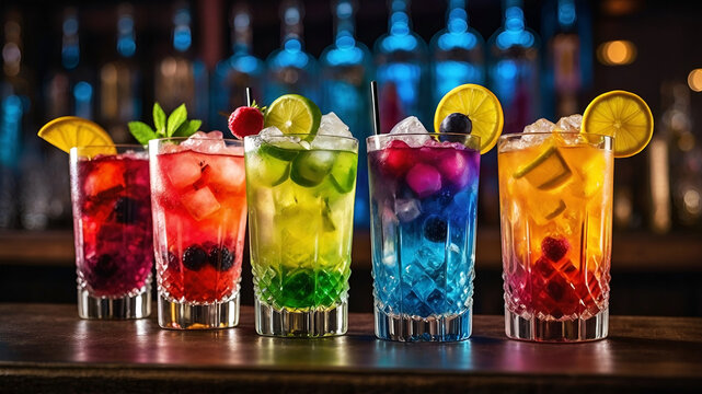 vivid colorful tasty coctails with fruits and ice in glasses on the bar
