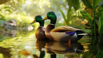 Fototapeta premium Mallard Ducks Swimming in a Pond