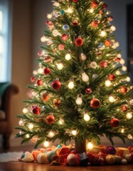 A beautifully decorated Christmas tree is bathed in the soft glow of colorful light bulbs with bokeh effect , festive decorating ideas, twinkling decorations