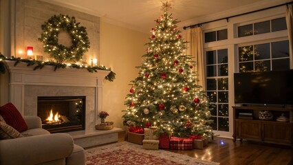 A beautifully decorated Christmas tree is adorned with sparkling ornaments and garlands in a warm and cozy living room, evergreen, pinecones, winter
