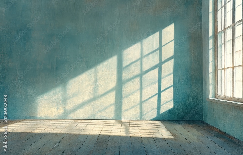 Poster sunlight streams through window in empty room with teal wall and wood floor.