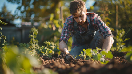 Man in plaid shirt planting in a sunny vegetable garden
