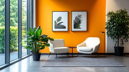 A modern office waiting area with an orange wall, sleek white furniture, and potted plants. The room has large windows for natural light