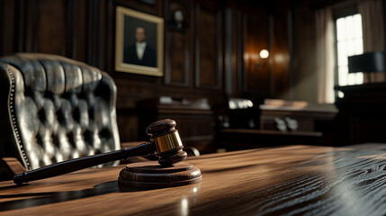 Elegant courtroom interior with a judge's gavel on the desk at a morning session