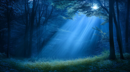 Obraz premium Mystical moonlight shining through a dark forest, magical aura creating an atmosphere of fantasy and mystery, perfect for those seeking adventure in the unknown world of nature 