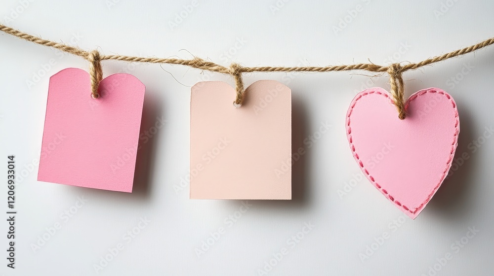 Poster set of blank notes held on a string for creative decoration, featuring pink colors and various shape