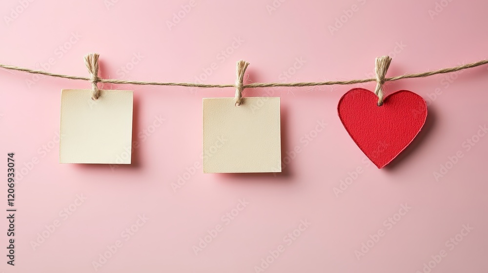 Poster set of blank notes held on string with heart-shaped card in pink background for creative and artisti