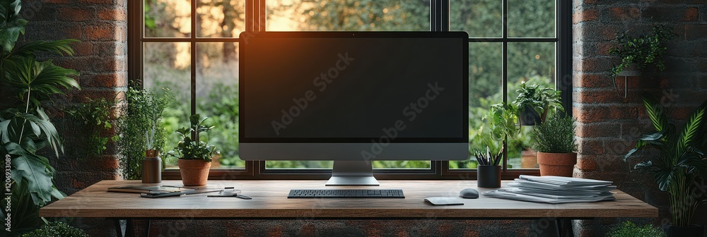 Poster serene workspace: modern computer setup with lush greenery