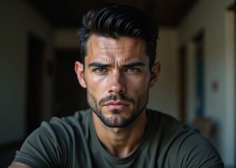 Fototapeta premium Serious young man with a strong jawline and intense gaze posing for a close-up portrait
