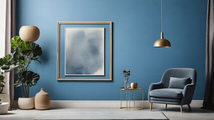 A decorative poster frame against a blue-painted wall background, creating a stylish and minimalistic aesthetic suitable for showcasing art or photographs.
