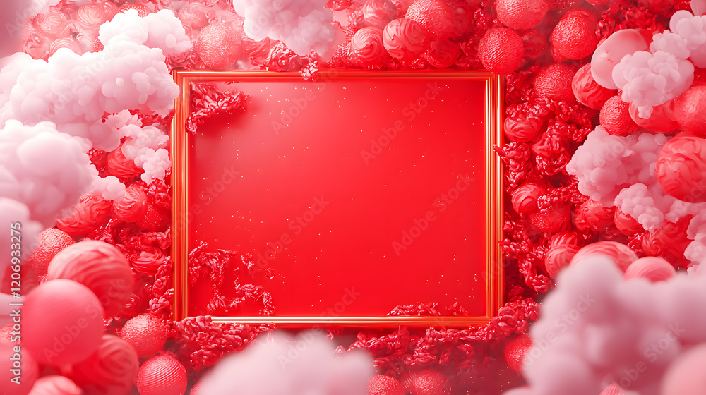 Poster artistic frame surrounded by vibrant red clouds and spheres creative studio digital artwork abstract