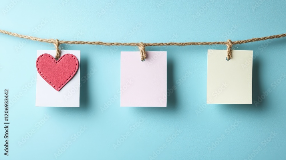 Poster set of blank notes held on string against a blue background with a colorful heart-shaped note for cr