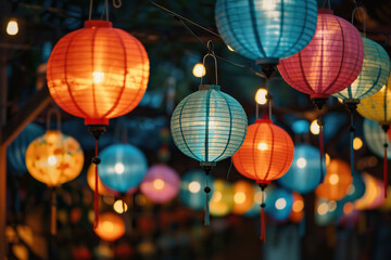 Obraz premium Beautiful holiday composition for happy celebrate chinese festival of lanterns, abstract vivid composition consists of fictional unreal fantastic vision on background