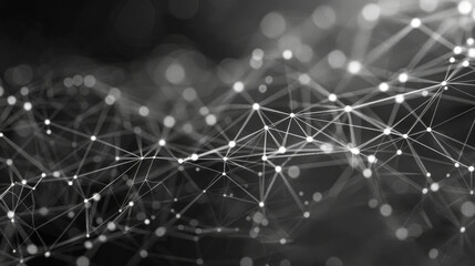 Obraz premium An abstract, glowing web of interconnected points and lines cascades across a dark backdrop, illustrating concepts of connectivity and network structures.