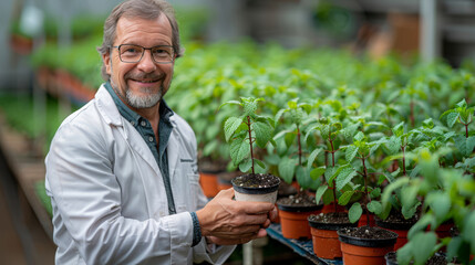 Smiling scientist holding potted plant in a nursery