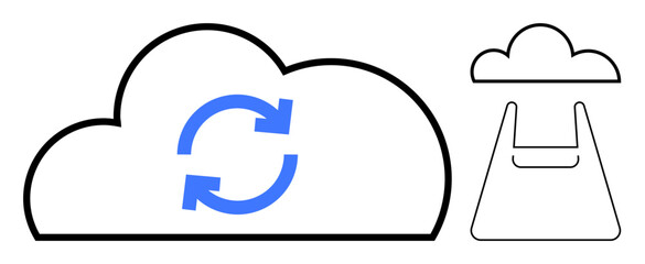 Cloud with blue sync arrows and cloud with download icon. Ideal for cloud storage, data transfer, synchronization, online services, networking, digital communication, remote access. Clean abstract