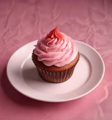 A cupcake with pink and red frosting on a plate , festive, sweet treat