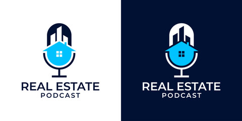 Podcast house logo vector icon design illustration. Podcast logo vector with house and microphone icon symbol design template illustration. Real estate podcast logo.