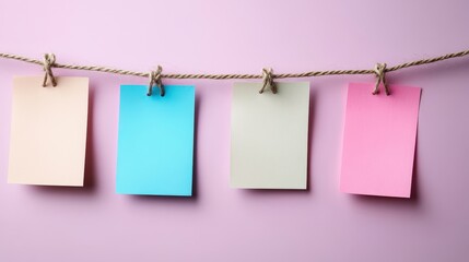 Set of Blank Notes Held on String in a Creative Arrangement for Organizing Ideas, Messages, or Reminders with Vibrant Colors Against a Soft Background