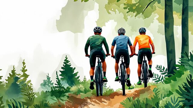 Three cyclists ride through a lush forest trail, surrounded by greenery and soft light