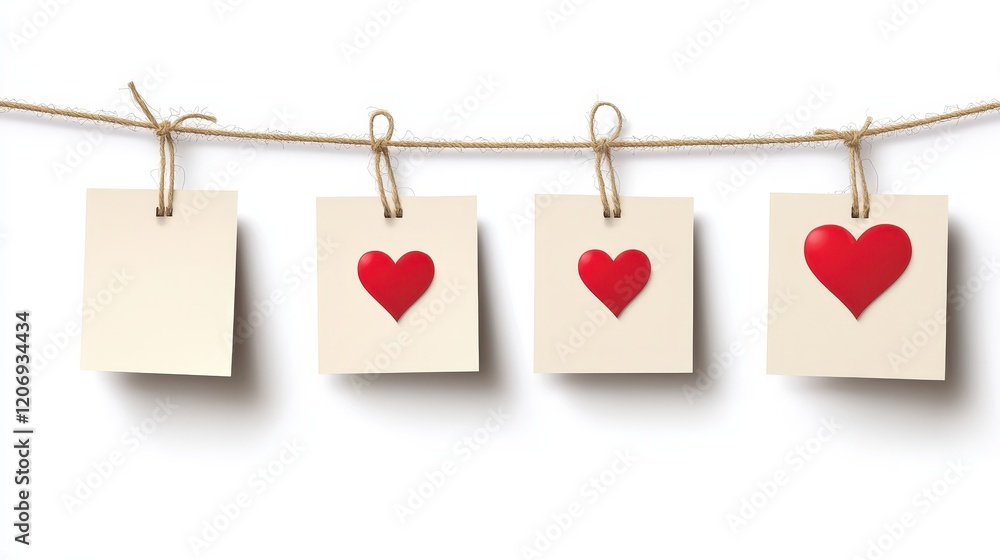 Poster set of blank notes with red hearts hanging on a string decoratively displayed for creative planning 