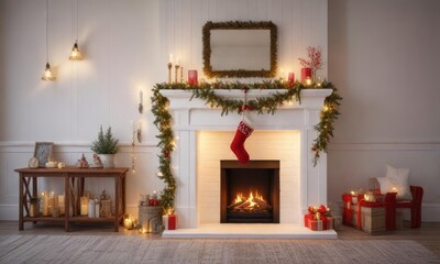 A decorated fireplace with stockings and garlands on a white shiplap backdrop, cozy home decor, , fireplace decor