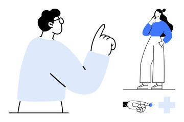 Male figure pointing with raised finger, female figure in thought, hand pushing blue button. Ideal for teamwork, decision making, leadership, communication, brainstorming, strategic planning