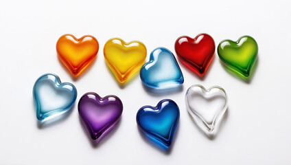 bright vivid rainbow glass hearts isolated on white background, assorted colorful yellow, orange, red, blue, purple and green transparent heart and copy space for text