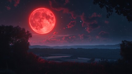 Vivid red moon shining over majestic mountainous terrain in night sky picture