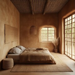 Fototapeta premium Earthy toned bedroom with woven decor and natural light