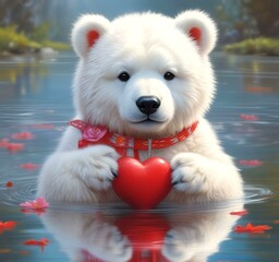 Fototapeta premium Illustration of fluffy bear with red heart.