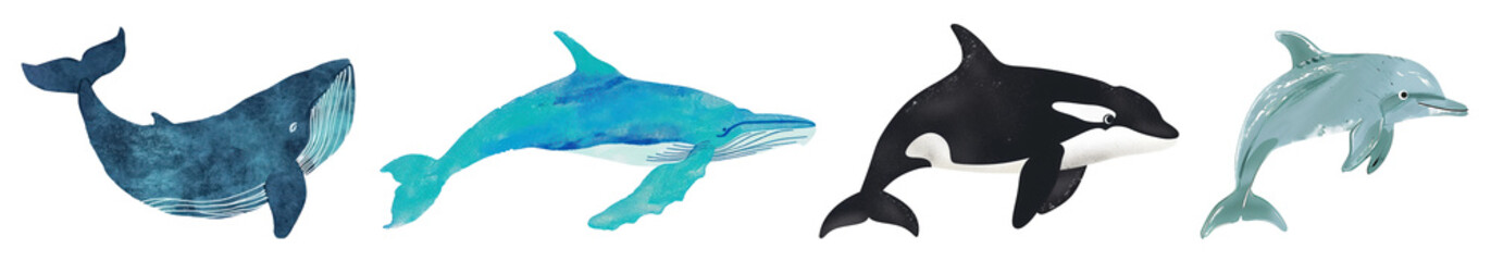Fototapeta premium PNG Colorful aquatic mammal illustrations, element set on transparent background