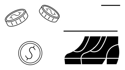 Coins and feet in minimalist line art style. Ideal for concepts of financial stability, budgeting, wealth, saving money, financial planning, economic success, personal finance. Abstract line flat