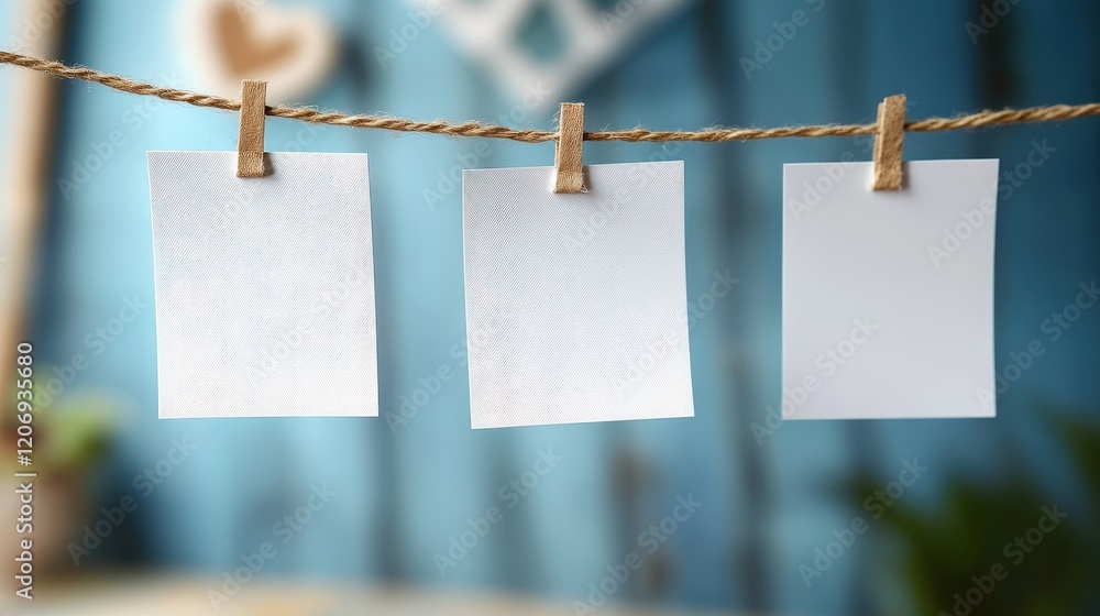 Poster blank note cards hanging on a string with clothespins in a cozy rustic setting for creative projects