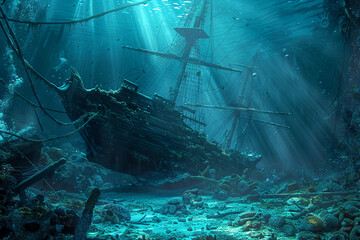Underwater view of an old sunken ship on seabed with fish swimming around, abstract vivid composition consists of fictional unreal fantastic vision on background