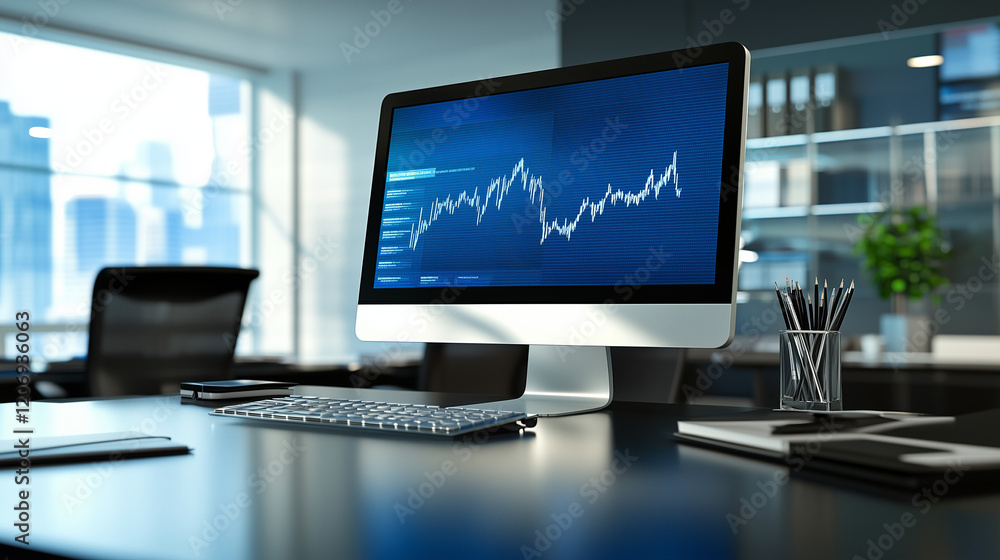 Poster closeup 3d financial chart with uptrend line candlestick graph on a blue color monitor background wi