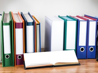 Fototapeta premium A desk organizer with a row of colorful binders and folders in a neat and organized arrangement, neatly arranged, studentlife, desk organizers