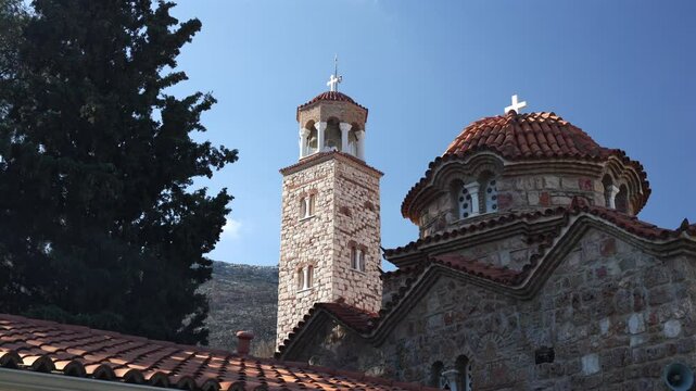 Nea Makri church and monastery of Saint Efraim next to Greece. 4k video with this iconic church during a sunny day with blue sky.