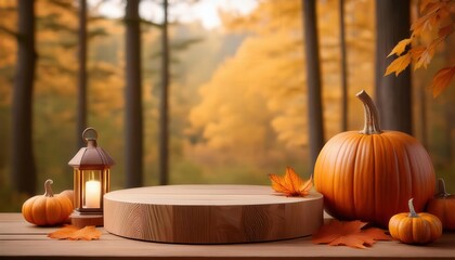 A natural wooden podium adorned with a pumpkin and a lantern, set against an autumn forest backdrop, evoking a rustic and seasonal vibe perfect for fall celebrations.
