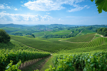 Fototapeta premium Vineyard in Douro hills: Rows of lush green vines stretch across terraced slopes, under a bright blue sky. Sunlight bathes the scenic landscape.