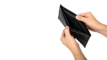 Empty black wallet in male hands isolated on transparent background