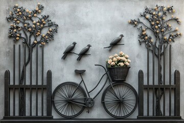 A beautiful black metal wall art design featuring a vintage bicycle with delicate detailing, set between two picket fence sections with birds perched on them. 