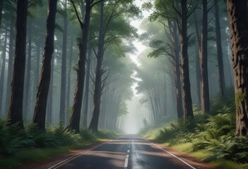 Obraz premium A dramatic vista of a road through a forest of towering trees , branches, canopy