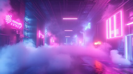 A neon-lit nightclub in an underground industrial warehouse, with thick smoke and fog filling the air. Neon lights adorn the walls, 