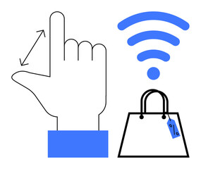 Hand gesturing swipe, wireless signal, and shopping bag indicating discount tag. Ideal for online shopping, technology integration, digital transactions, e-commerce, connectivity, user interaction