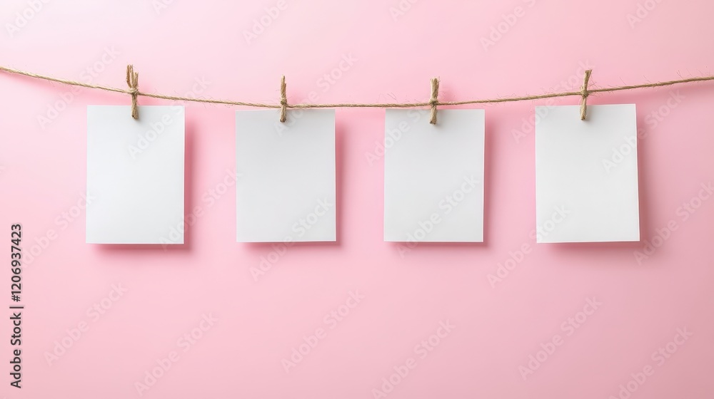 Poster blank notes hanging on a string against a soft pink background ideal for creative diagram or idea pr