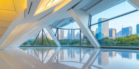 Fototapeta premium Modern glass building interior with large windows and city view